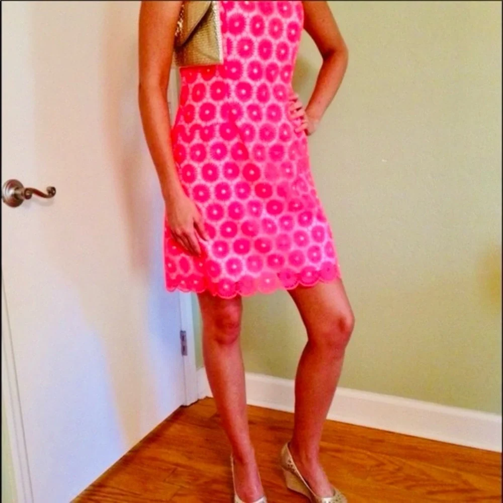 LILLY PULITZER Neon Pink Floral Pinwheel Lace & Pearl Mini Shift Dress